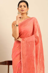 Peach Cotton Woven Saree