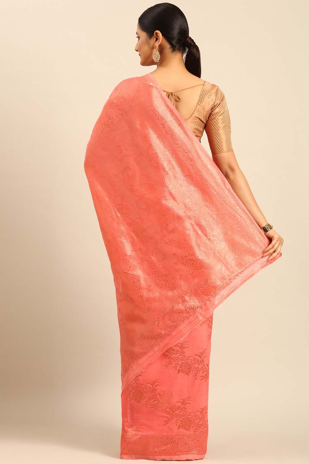 Peach Cotton Woven Saree