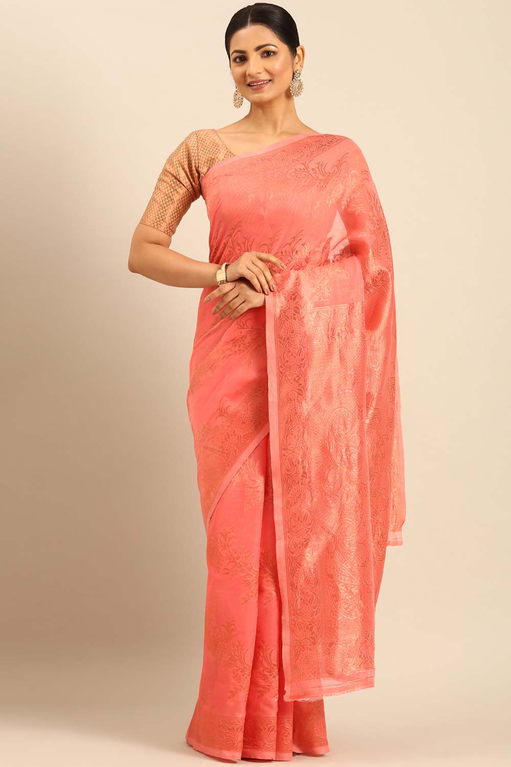 Peach Cotton Woven Saree