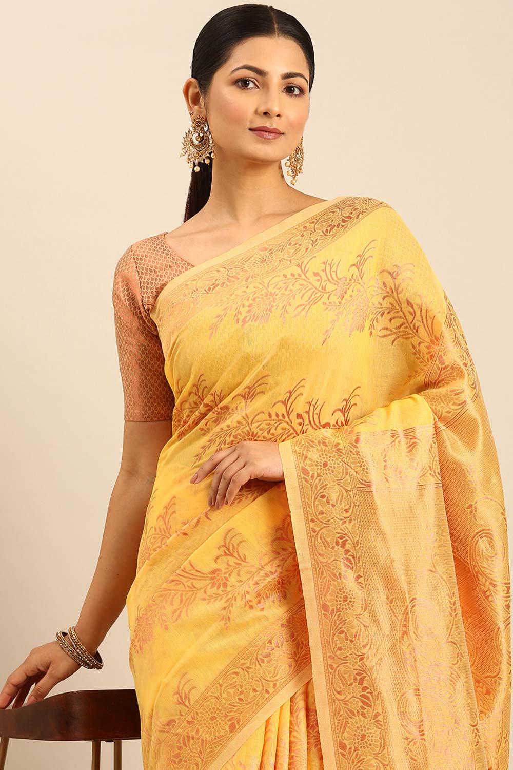 Yellow Cotton Woven Saree