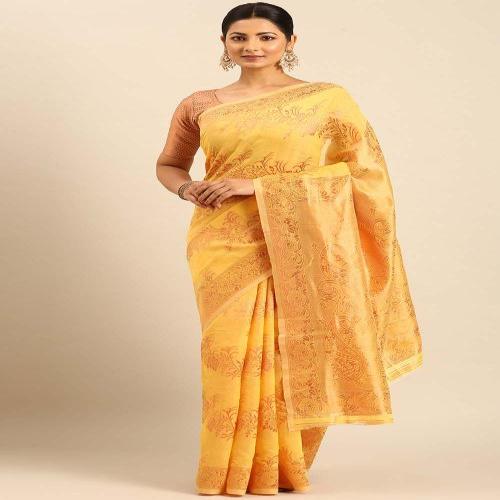 Yellow Cotton Woven Saree