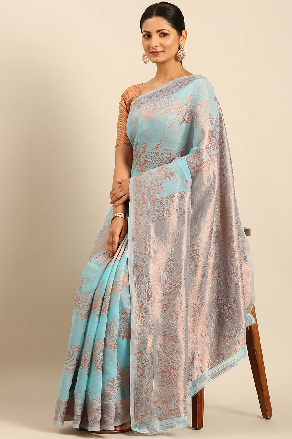 Blue Cotton Woven Saree