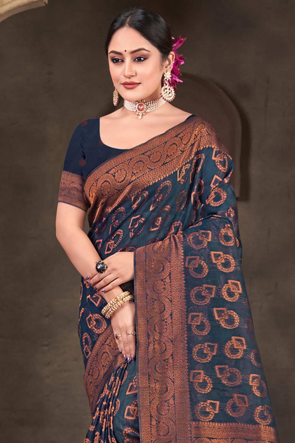 Navy Blue Cotton Woven Saree