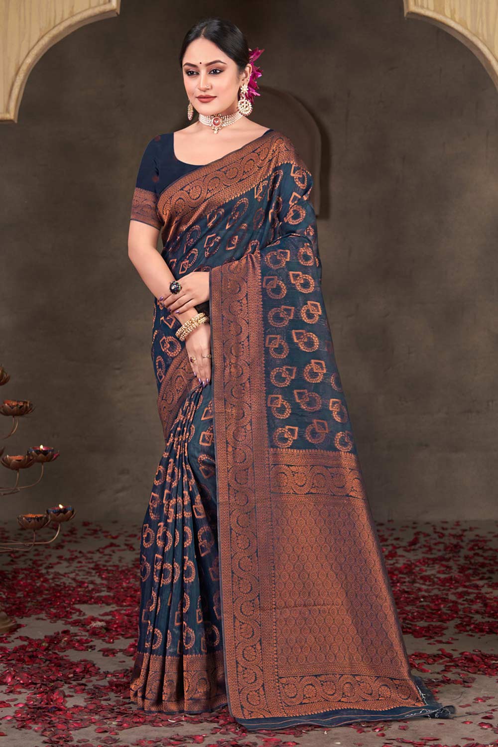 Navy Blue Cotton Woven Saree