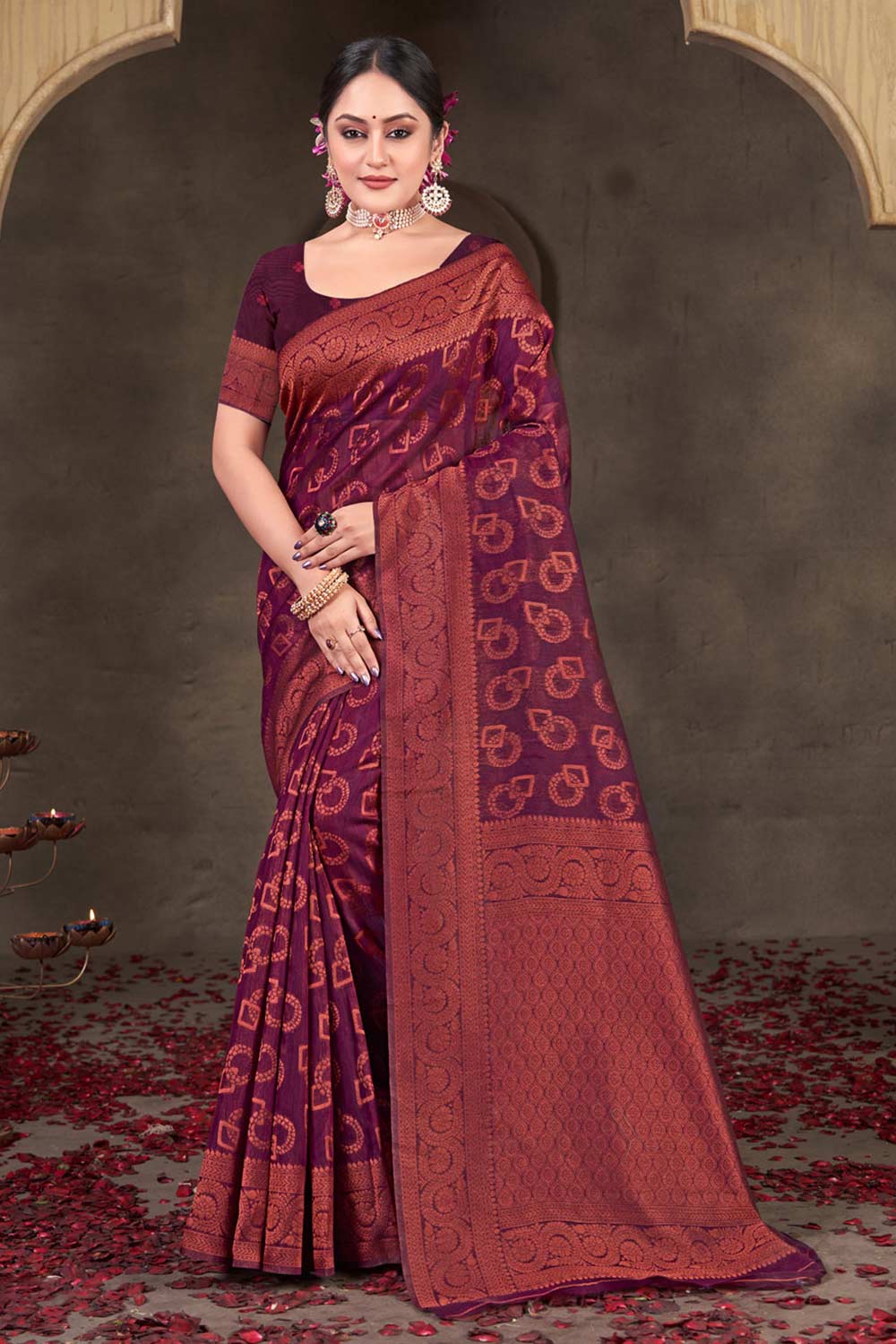 Purple Cotton Woven Saree