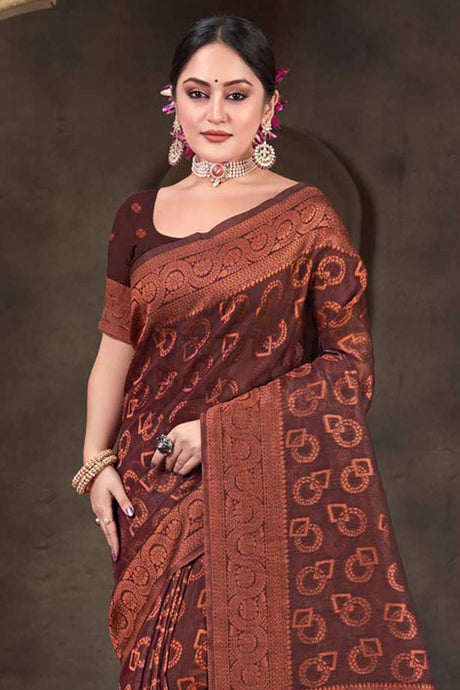 Brown Cotton Woven Saree