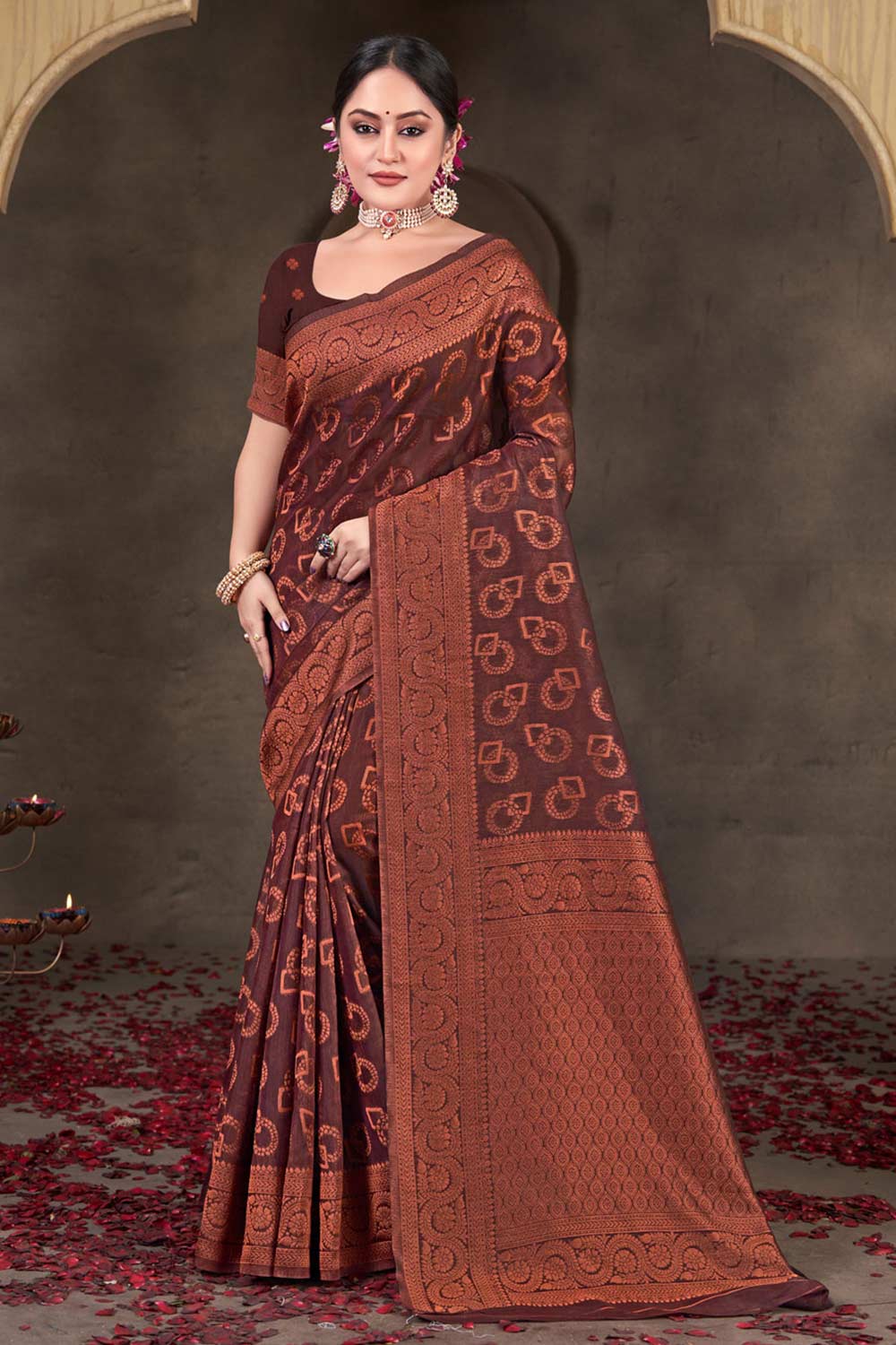 Brown Cotton Woven Saree