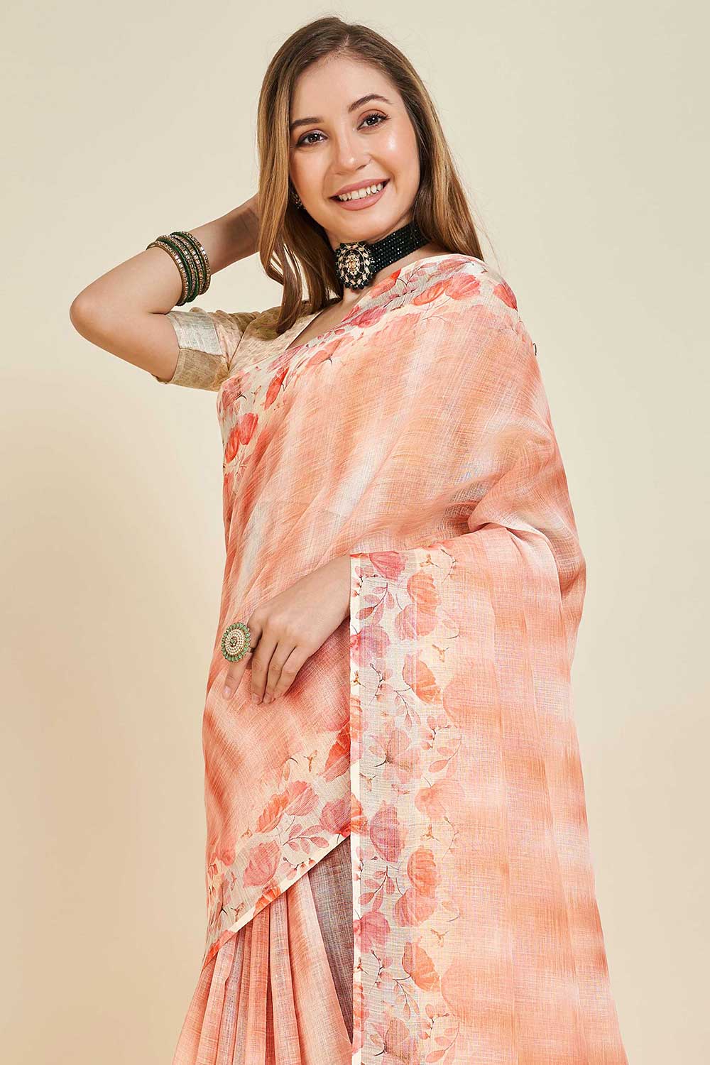 Orange Linen Woven Saree