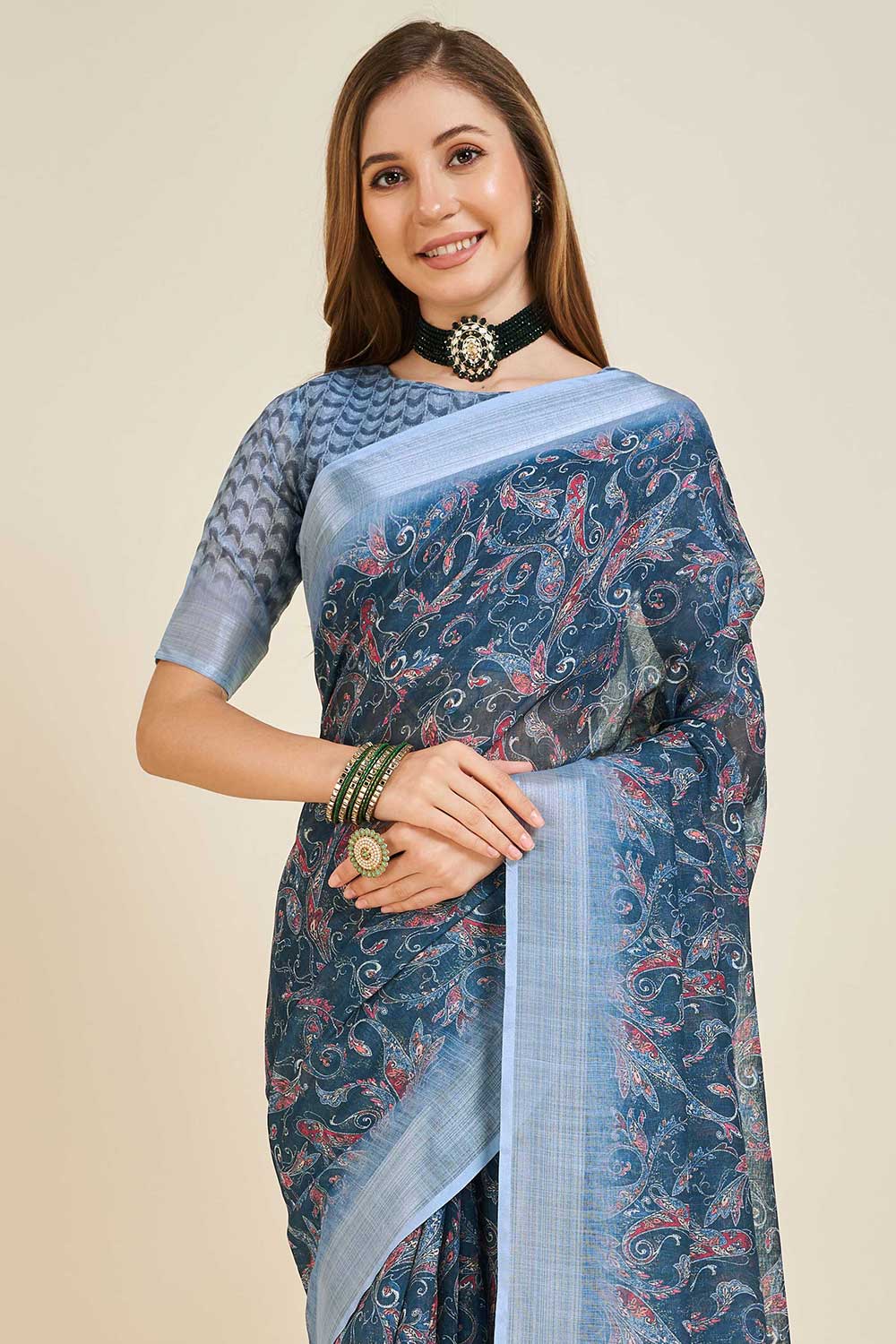 Navy Blue Linen Woven Saree