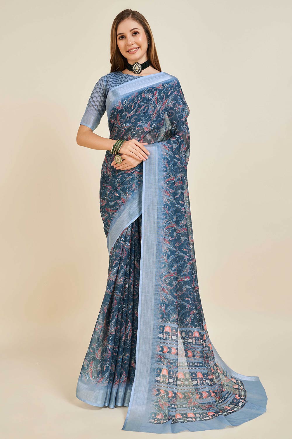 Navy Blue Linen Woven Saree