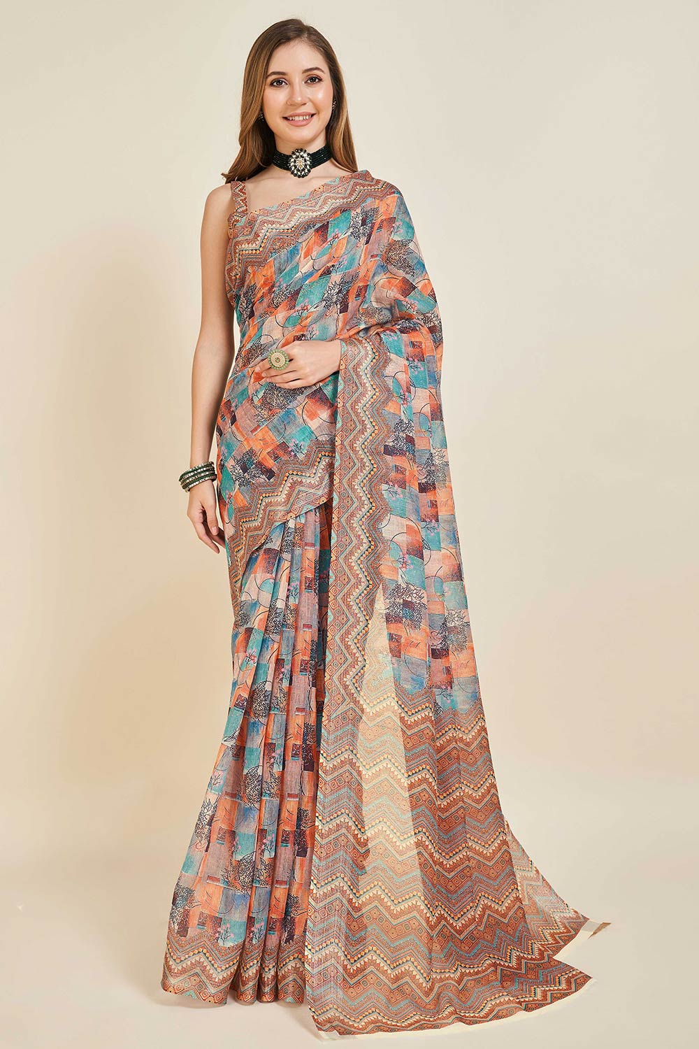 Multi Color Linen Woven Saree