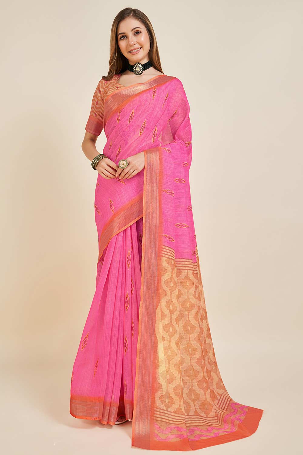 Pink Linen Woven Saree