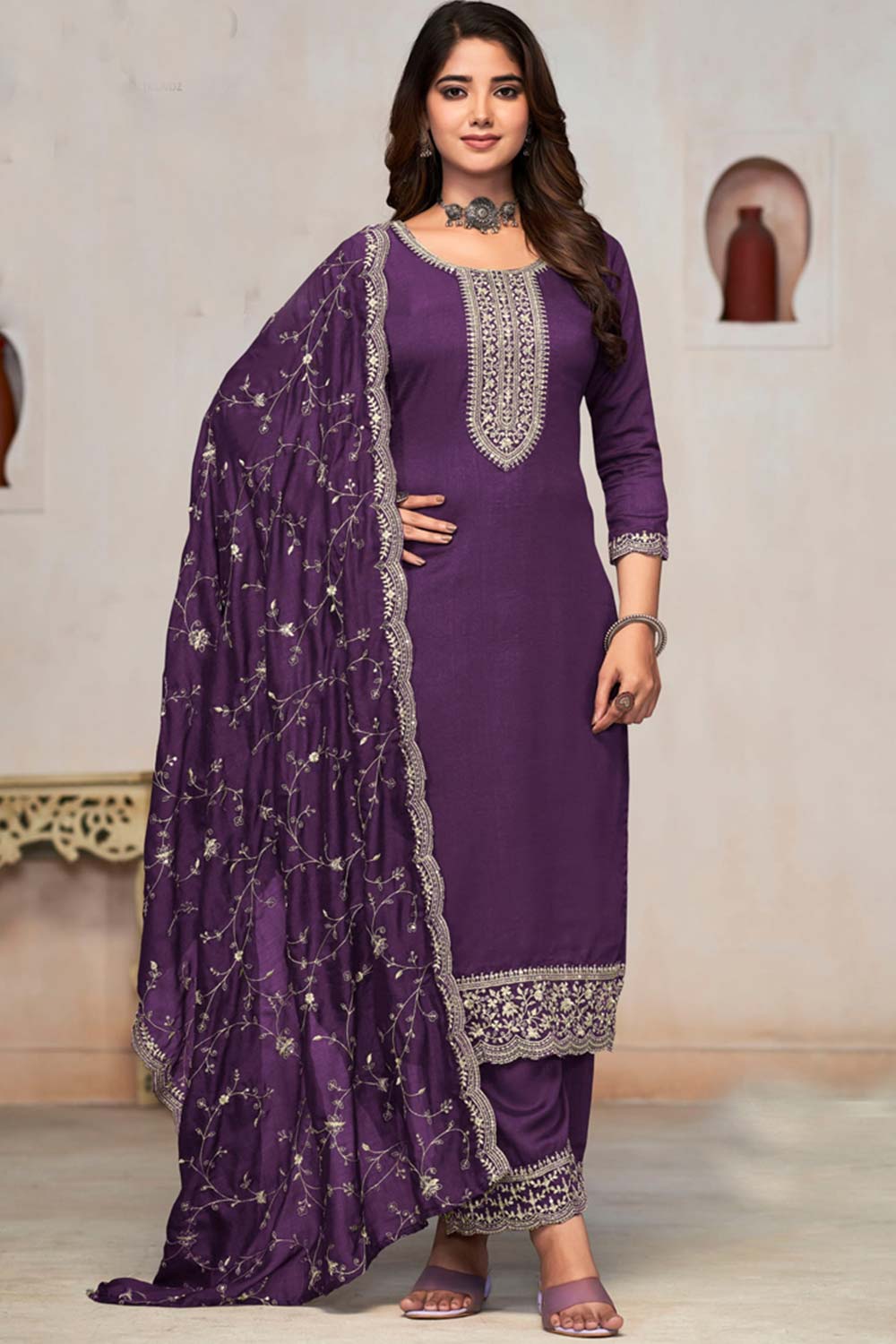 Purple Silk Embroidered Round Neck Salwar Kameez