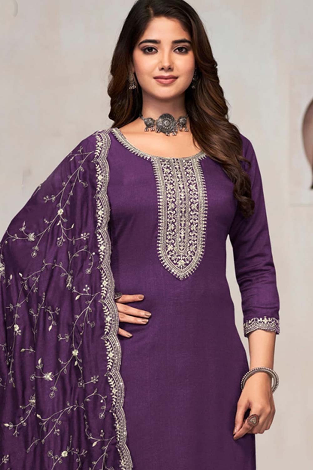 Purple Silk Embroidered Round Neck Salwar Kameez