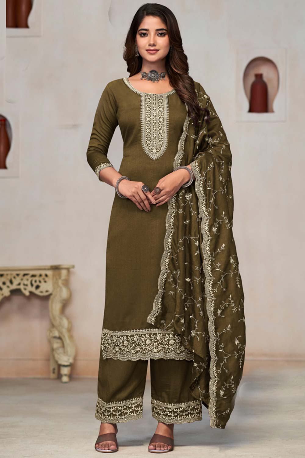 Mehendi Silk Embroidered Round Neck Salwar Kameez