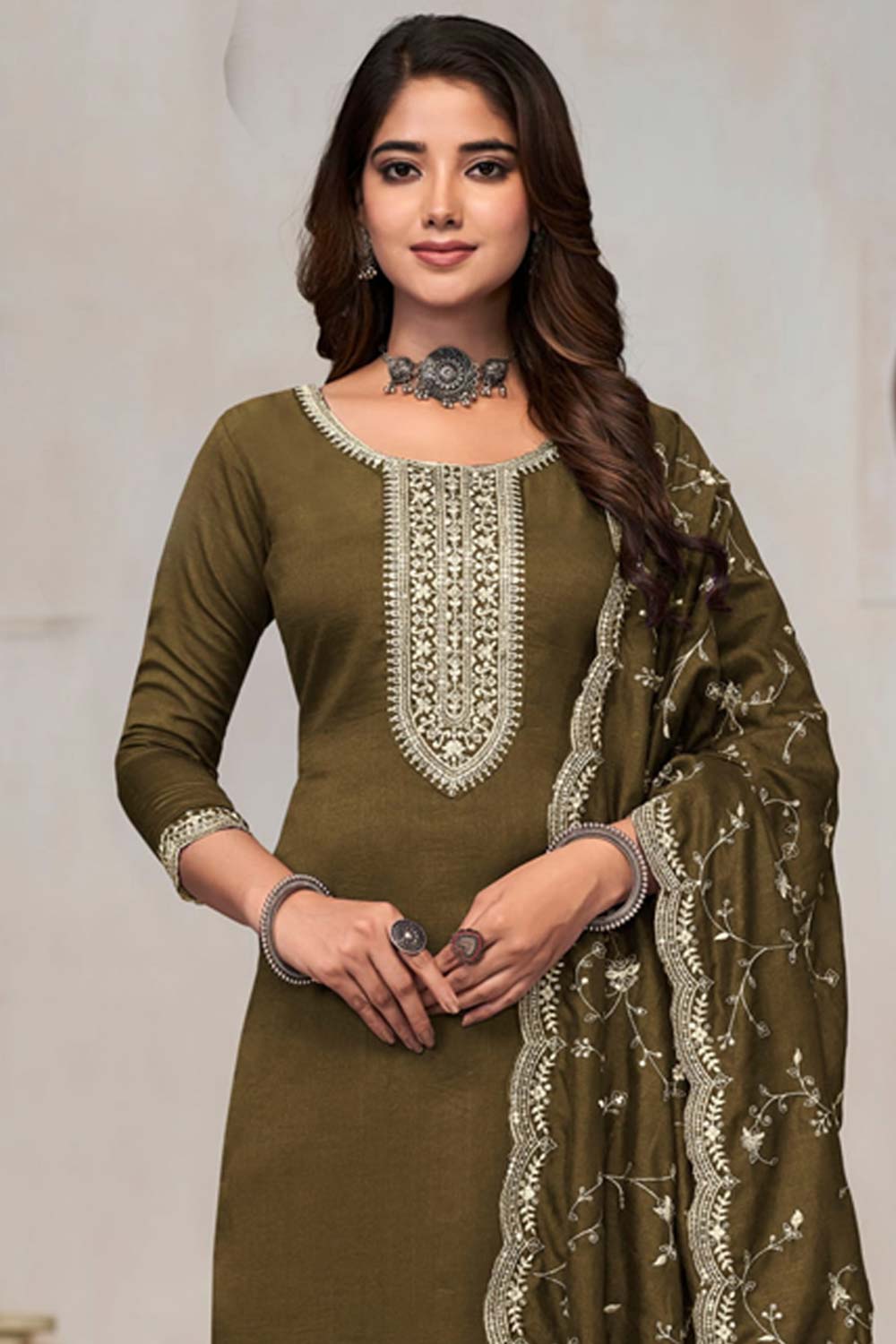 Mehendi Silk Embroidered Round Neck Salwar Kameez