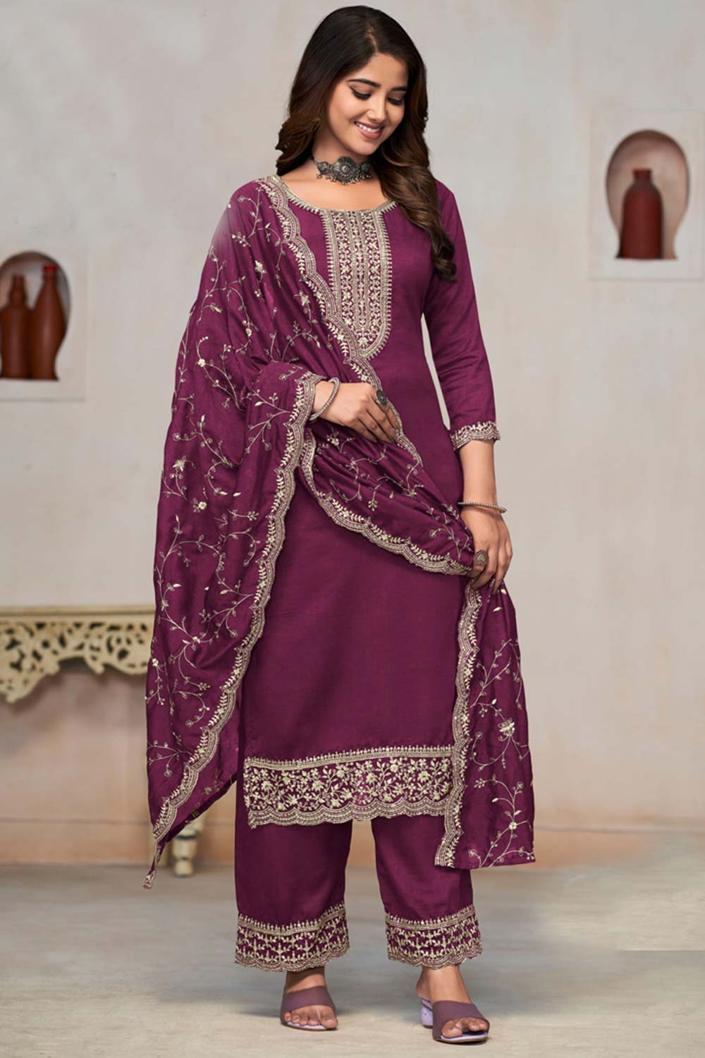 Onion Pink Silk Embroidered Round Neck Salwar Kameez