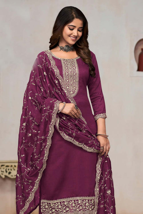 Onion Pink Silk Embroidered Round Neck Salwar Kameez