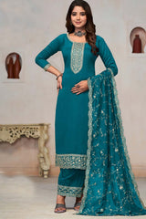 Turquoise Silk Embroidered Round Neck Salwar Kameez