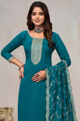 Turquoise Silk Embroidered Round Neck Salwar Kameez