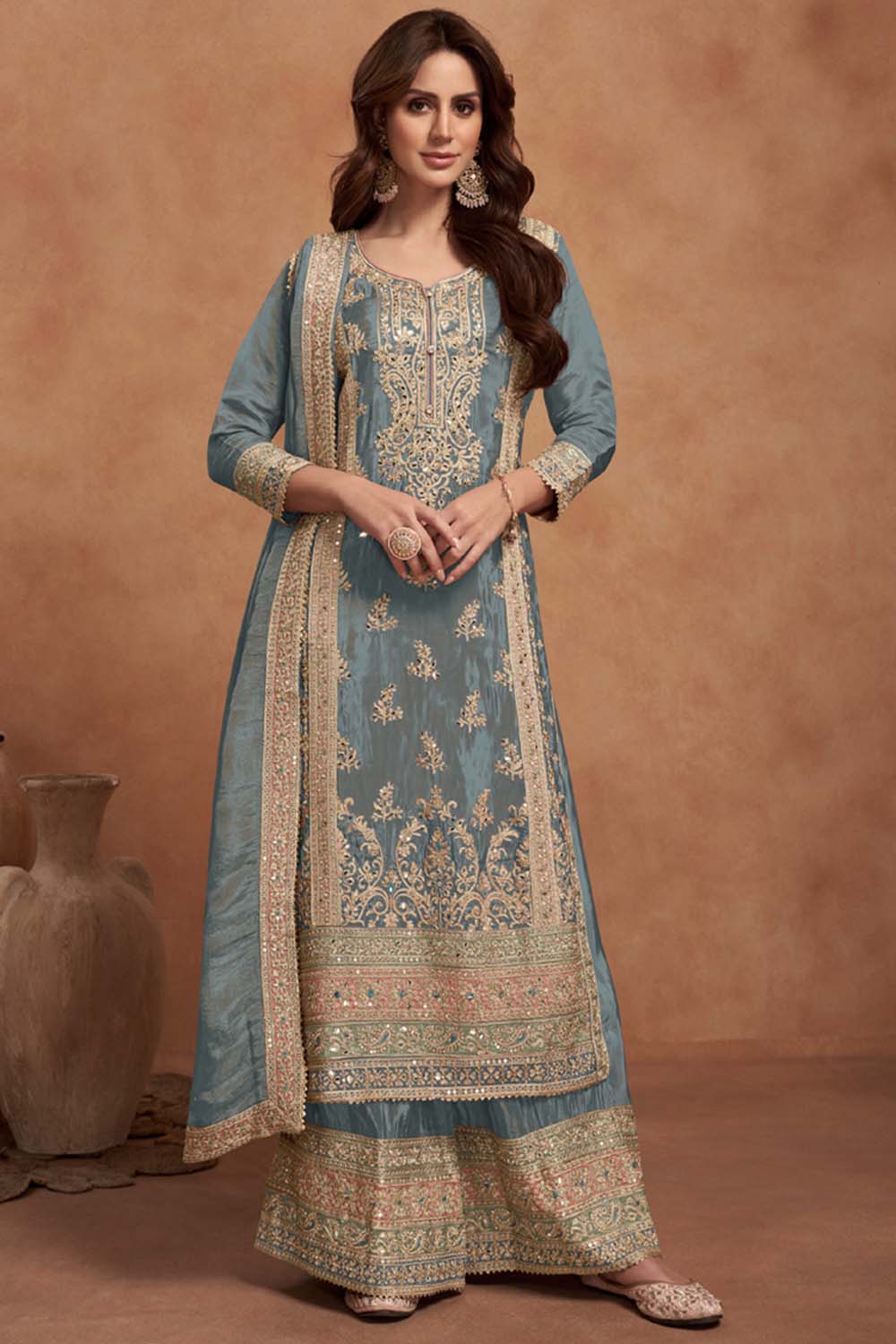 Grey Vichitra Silk Embroidered Palazzo Suit