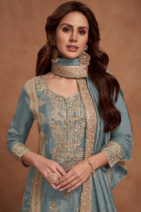 Grey Vichitra Silk Embroidered Palazzo Suit