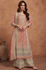 Peach Vichitra Silk Embroidered Palazzo Suit