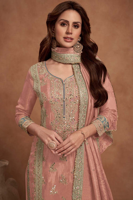 Peach Vichitra Silk Embroidered Palazzo Suit