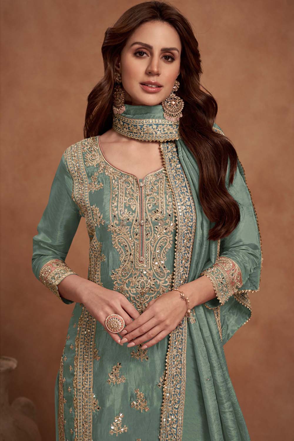 Light Green Vichitra Silk Embroidered Palazzo Suit