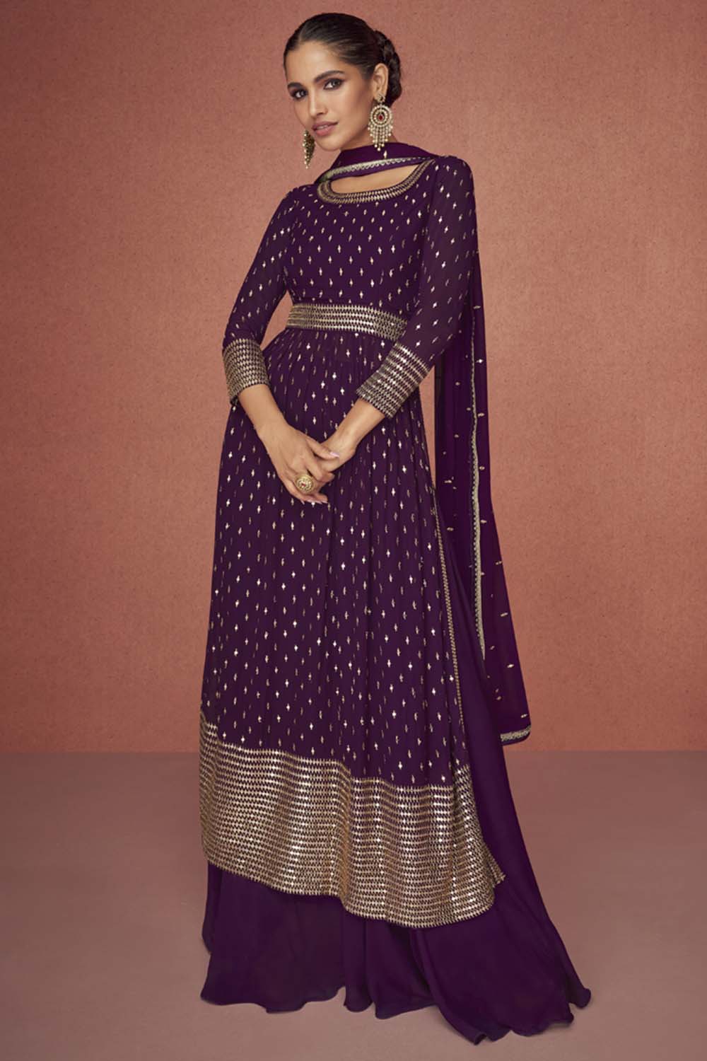 Wine Georgette Embroidered Palazzo Suit