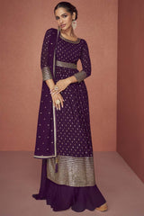 Wine Georgette Embroidered Palazzo Suit