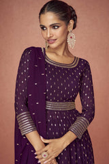 Wine Georgette Embroidered Palazzo Suit