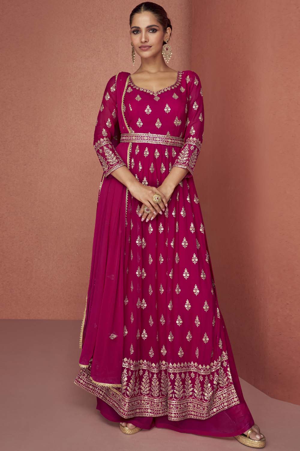 Pink Georgette Embroidered Palazzo Suit