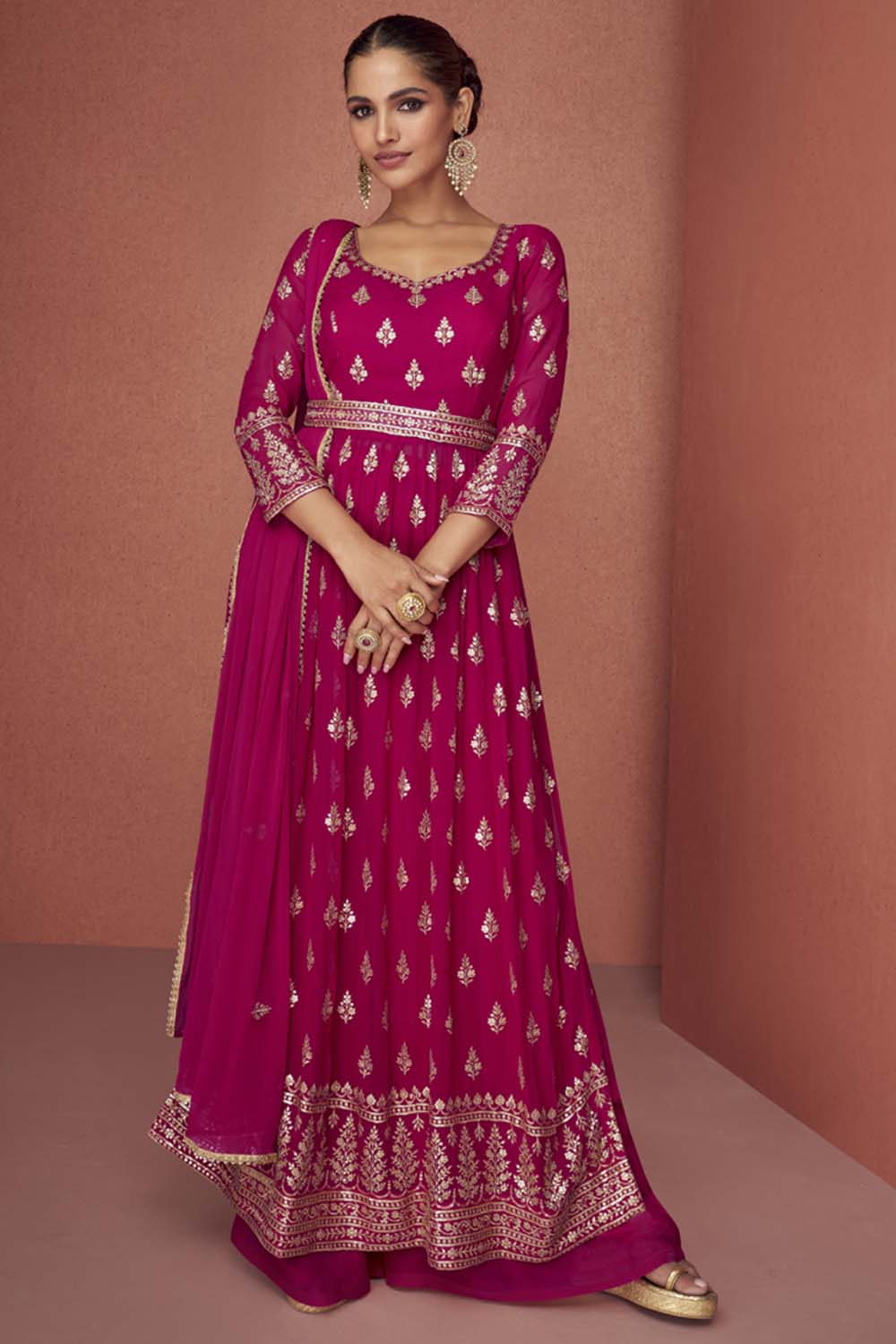 Pink Georgette Embroidered Palazzo Suit