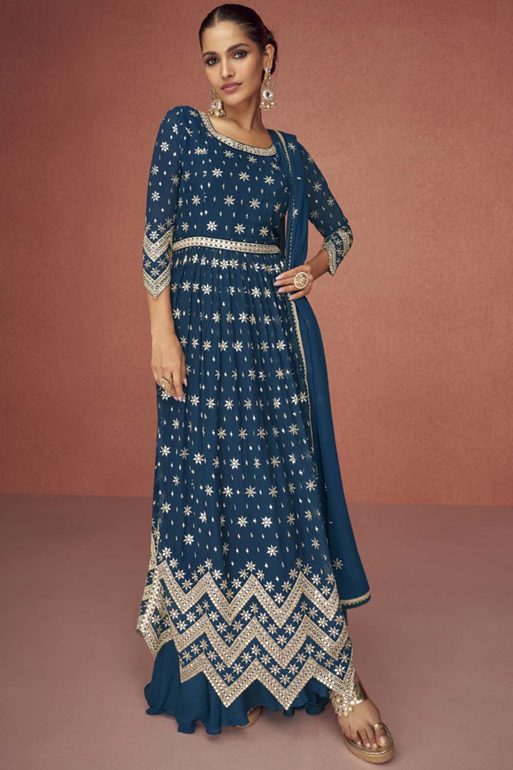 Blue Georgette Embroidered Palazzo Suit