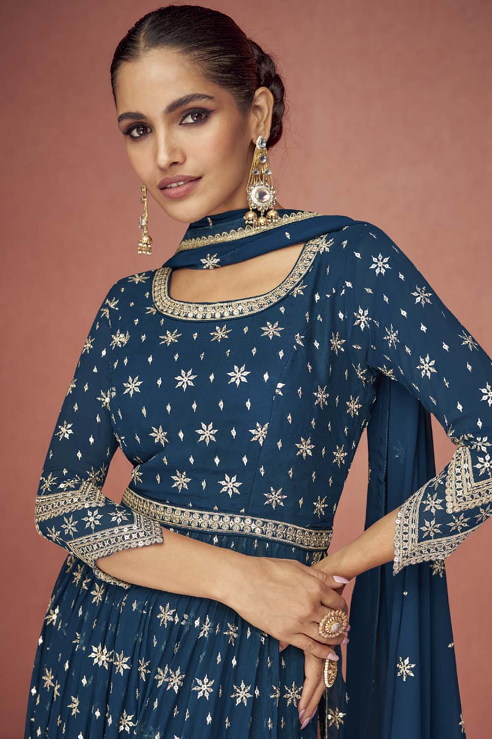 Blue Georgette Embroidered Palazzo Suit