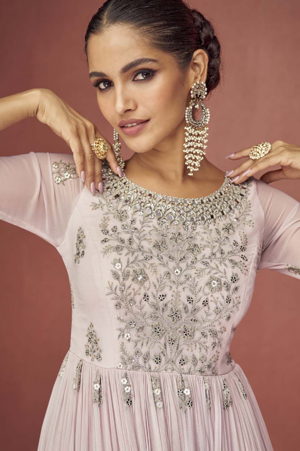 Onion Pink Georgette Embroidered Palazzo Suit