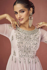 Onion Pink Georgette Embroidered Palazzo Suit