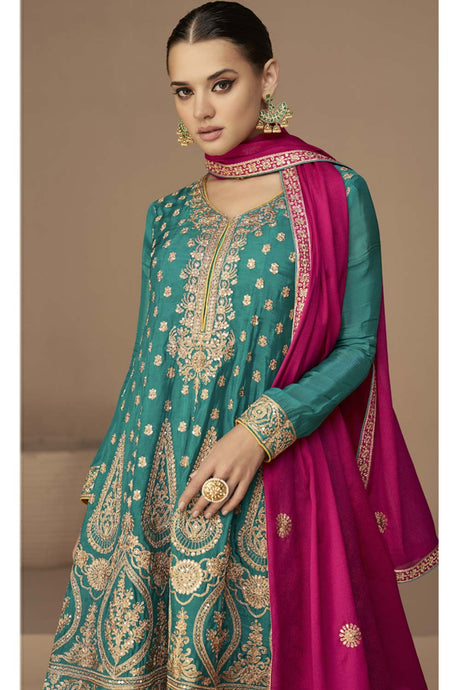 Turquoise Georgette Embroidered Palazzo Suit