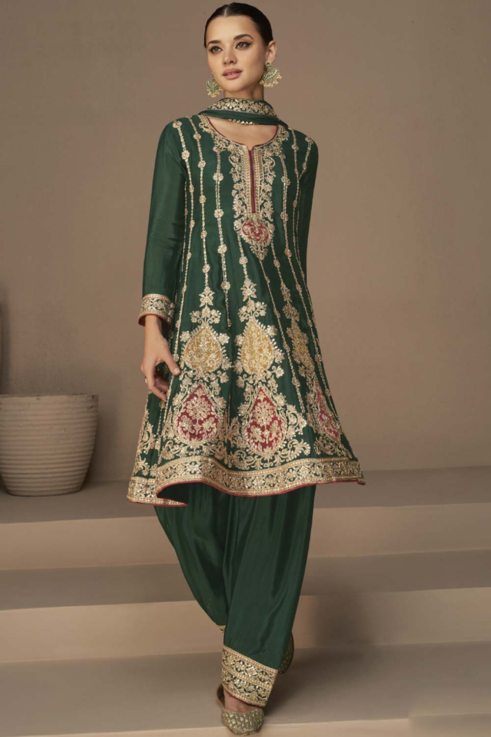 Green Georgette Embroidered Palazzo Suit