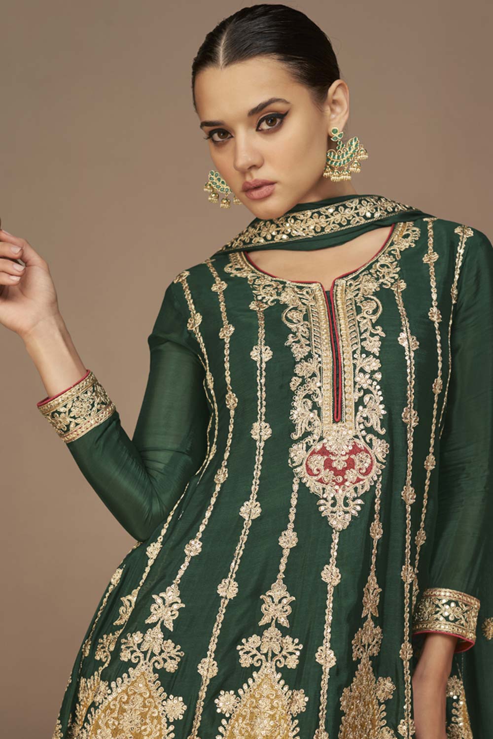 Green Georgette Embroidered Palazzo Suit