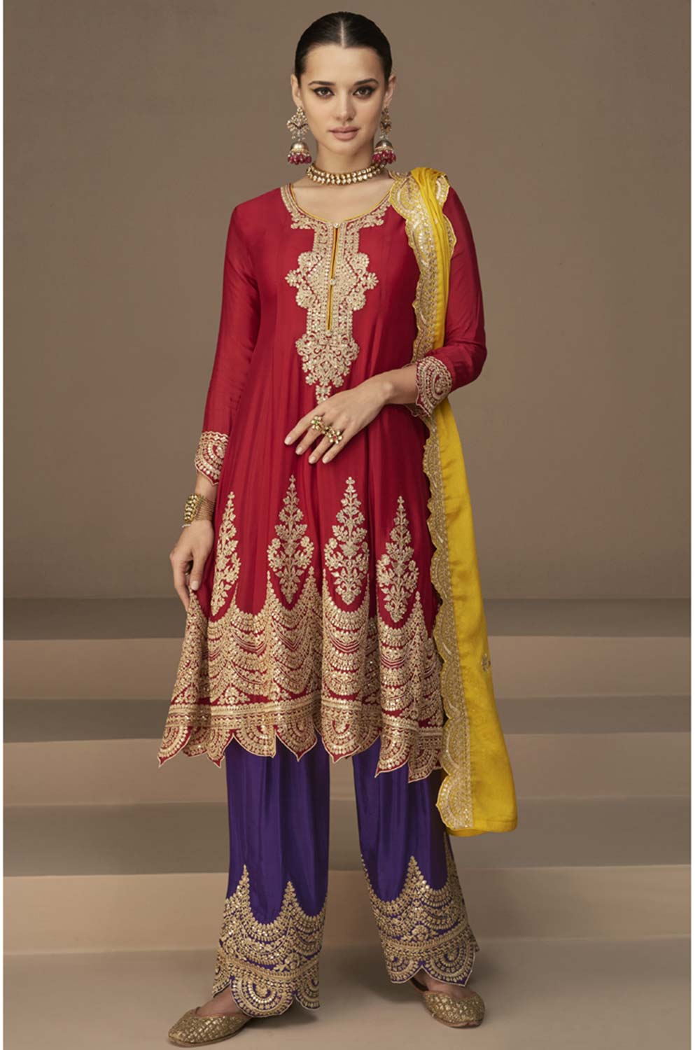 Red Georgette Embroidered Palazzo Suit