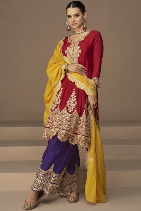 Red Georgette Embroidered Palazzo Suit