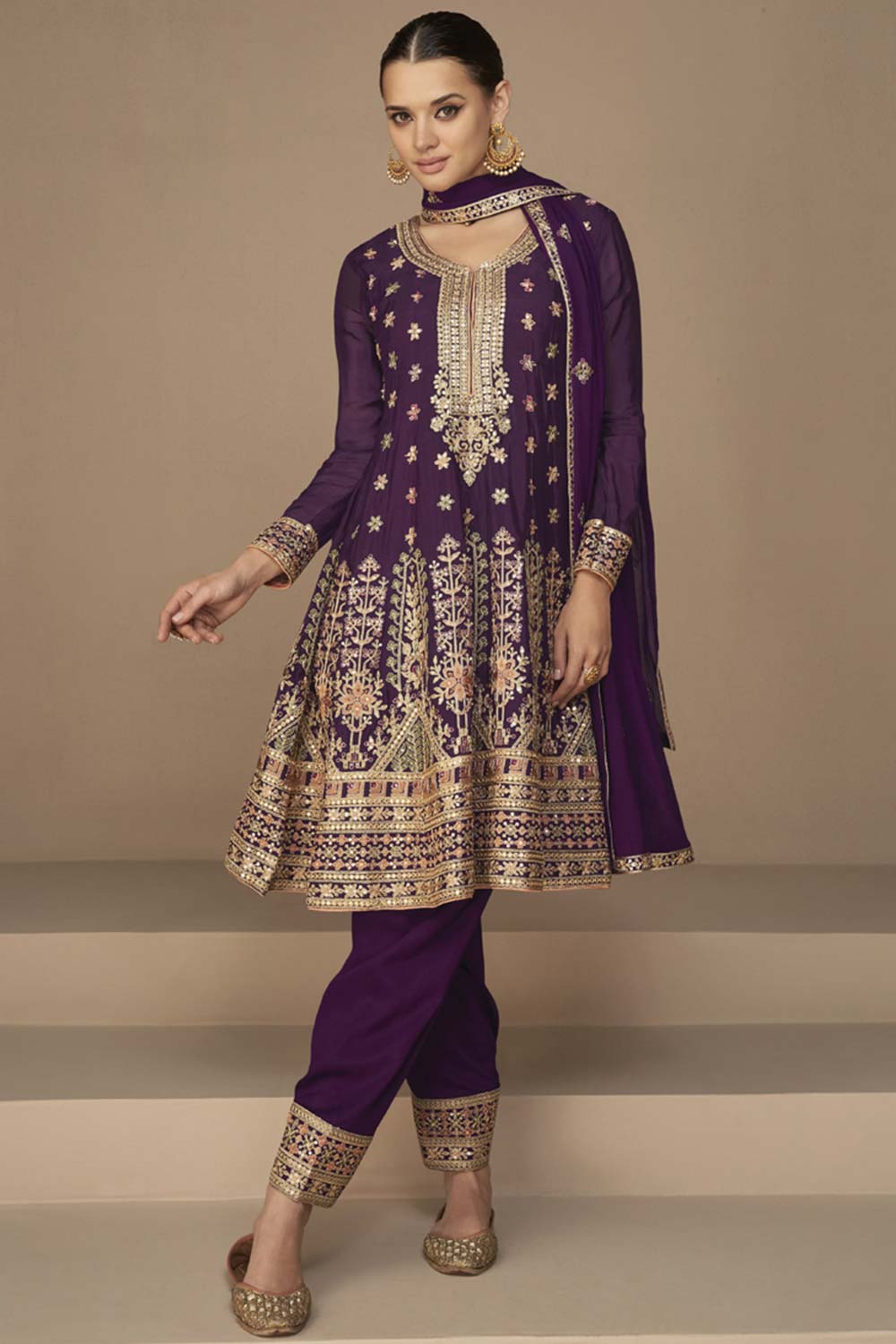 Wine Georgette Embroidered Palazzo Suit