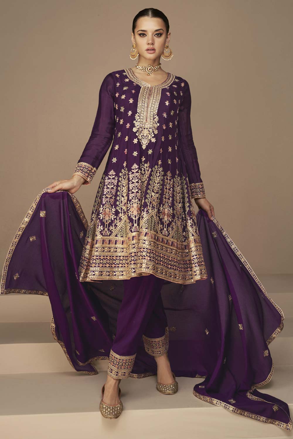 Wine Georgette Embroidered Palazzo Suit