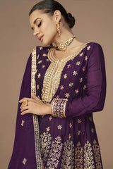 Wine Georgette Embroidered Palazzo Suit