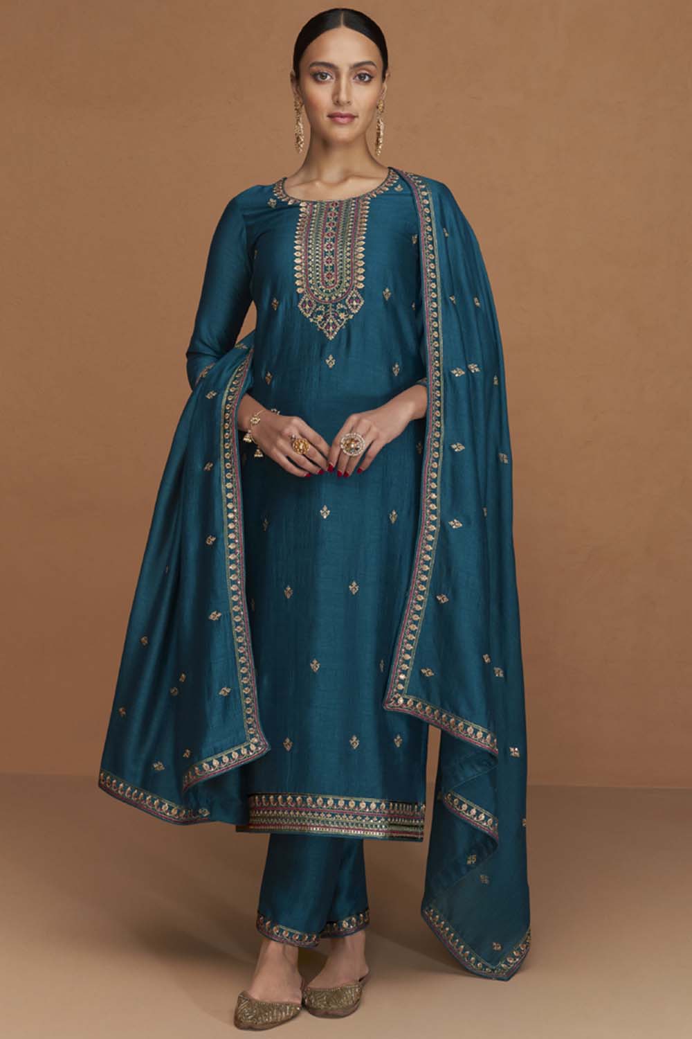 Aqua Blue Silk Embroidered Designer Salwar Suit