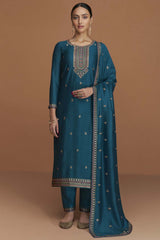 Aqua Blue Silk Embroidered Designer Salwar Suit