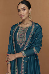 Aqua Blue Silk Embroidered Designer Salwar Suit