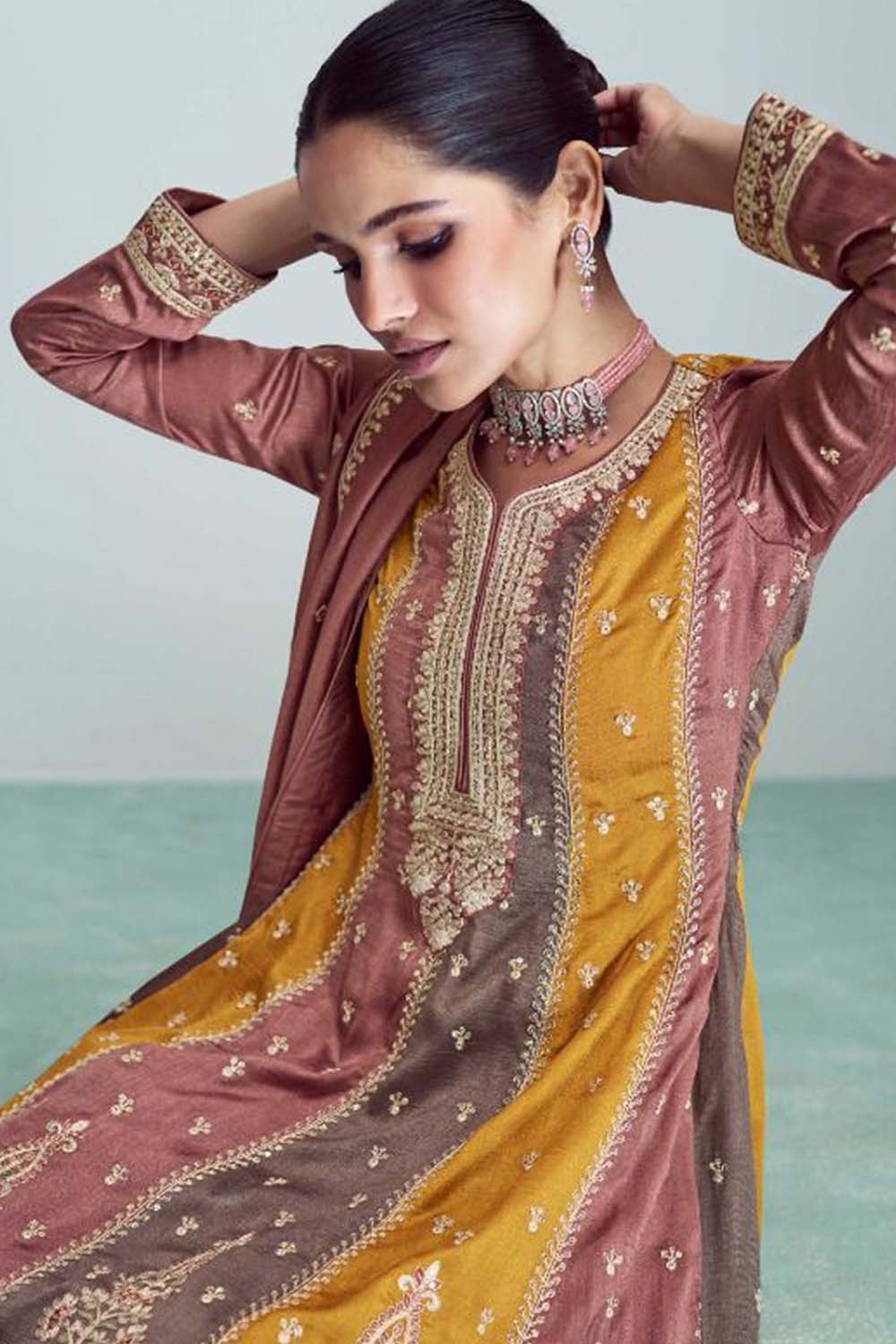 Peach Premium Silk Embroidered Suit